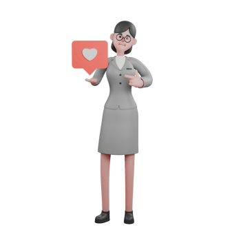 3D Model of Cartoon Journalist. A female journalist stands while holding a heart icon symbol in her hand while her right hand points to the heart icon symbol. News Gathering Expert png