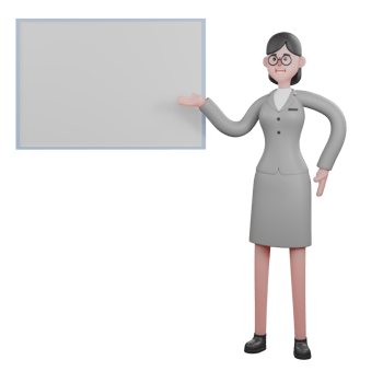 3D Cartoon News Specialist. A female journalist stands next to an empty presentation board, with a hand gesture pointing to the board. Journalism Scene png