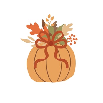 Fall bow, ribbons and pumpkin seamless pattern. Autumn floral leaves cottagecore print. Cute October harvest textile. Halloween or Thanksgiving day illustration. Organic vegetable wallpaper. vector