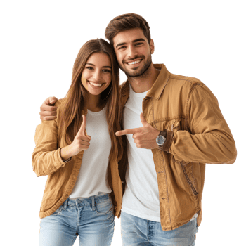 Smiling young couple hugging with hand pointing at copy space, standing front view isolate on transparent background png