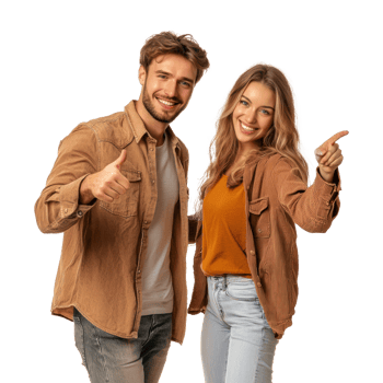 Smiling young man and woman pointing at camera, standing side view isolate on transparent background png