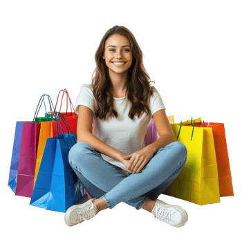 Happy girl sit surrounded by colorful shopping bags isolate on transparent background png