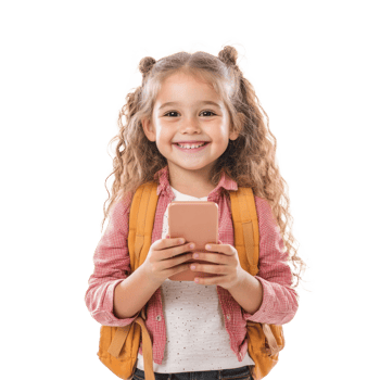 Happy smiling little girl student using smart phone, standing front view isolate on transparent background png