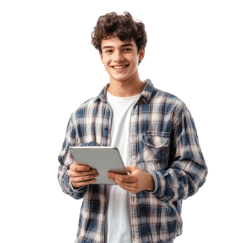 Cheerful young man student freelancer using digital tablet, standing front view isolate on transparent background png