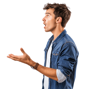 Shocked facial expression young man with hand open, standing side view isolate on transparent background png