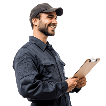 Smiling auto mechanic man with hand holding a clipboard, standing side view isolate on transparent background png