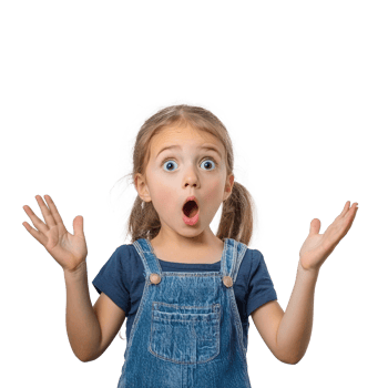 Shocked facial expression little girl student with hand open, standing isolate on transparent background png