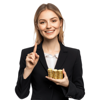 Smiling young businesswoman holding gold coins stack with hand pointing at empty space, standing front view isolate on transparent background png