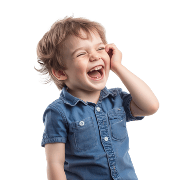 Pretty little boy laughing with excitement, head in hand, standing isolate on transparent background png