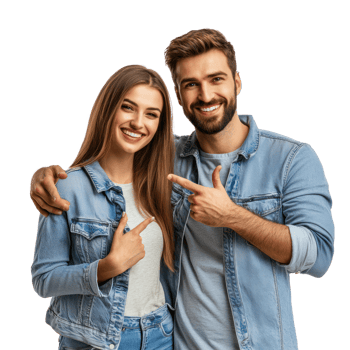 Smiling young couple hugging with hand pointing at copy space, standing isolate on transparent background png