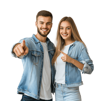Smiling young man and woman pointing at camera, standing isolate on transparent background png