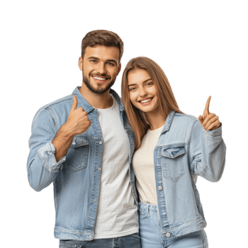Smiling young couple hugging with hand pointing at copy space, standing front view isolate on transparent background png