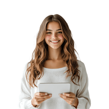 Cheerful young woman student freelancer using digital tablet, standing front view isolate on transparent background png