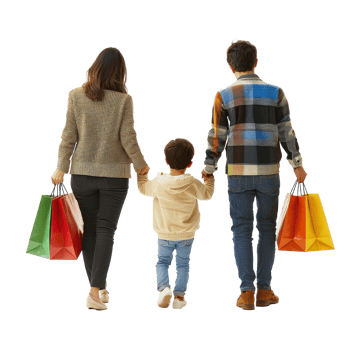 Back view of family with little child holding shopping bags, full length isolate on transparent background png