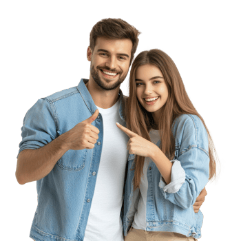 Smiling young couple hugging with hand pointing at copy space, standing front view isolate on transparent background png