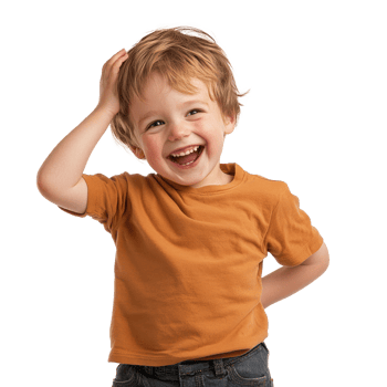 Pretty little boy laughing with excitement, head in hand, standing isolate on transparent background png