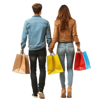 Back view of young couple holding shopping bags, full length isolate on transparent background png