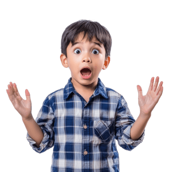 Shocked facial expression little boy student with hand open, standing front view isolate on transparent background png