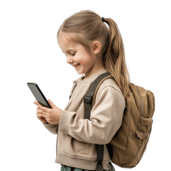 Happy smiling little girl student using smart phone, standing side view isolate on transparent background png