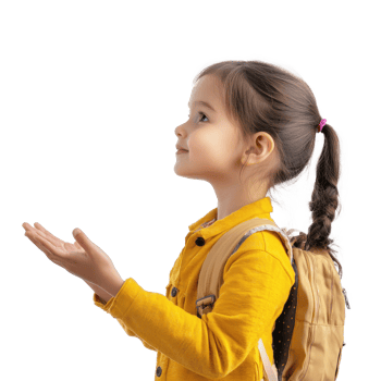 Young little girl student hand present something at copy space, standing side view isolate on transparent background png