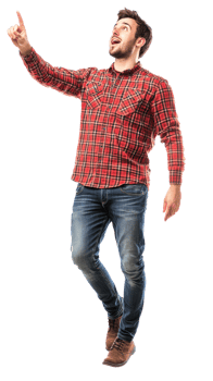 Excited young man floating in air with hand pointing to copyspace, Full length, side view isolate on transparent background png