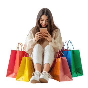 Happy girl sit using smartphone surrounded by colorful shopping bags side view isolate on transparent background png