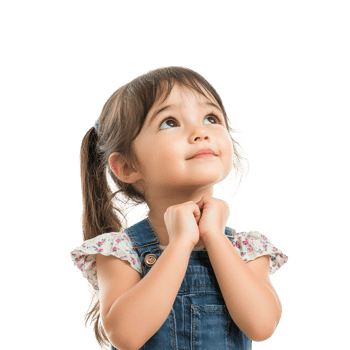 Little girl thinking and looking at empty space, standing isolate on transparent background png