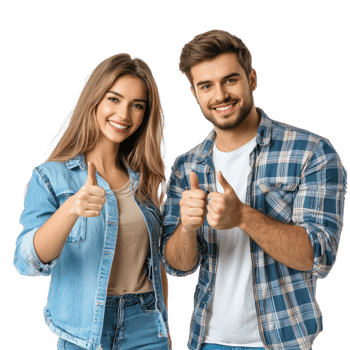 Smiling young man and woman pointing at camera, standing isolate on transparent background png