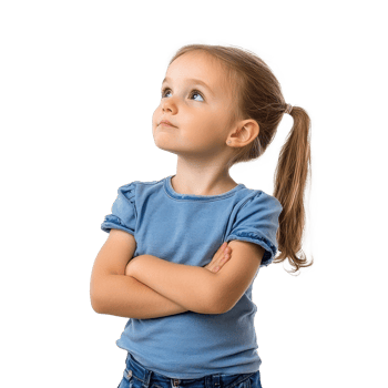 Little girl thinking and looking at empty space, standing isolate on transparent background png