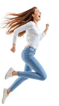 Beautiful young woman with excited smile he is run in air, Full length, side view isolate on transparent background png