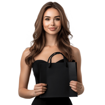 Smiling Beautiful elegant fashion woman in black dress holding black paper shopping bag, standing, Black Friday concept front view isolate on transparent background png