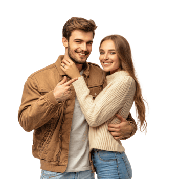 Smiling young couple hugging with hand pointing at copy space, standing side view isolate on transparent background png