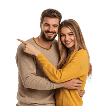 Smiling young couple hugging with hand pointing at copy space, standing isolate on transparent background png