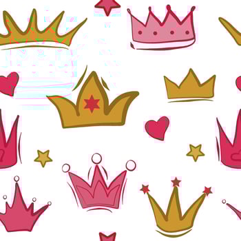 Seamless pattern with pink and gold crowns, stars, hearts. Children's illustration. Suitable for background, printing on fabric, wallpaper, wrapping paper. vector