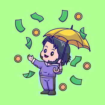 Cute Rich Man Holding Umbrella with Money Rain Cartoon vector