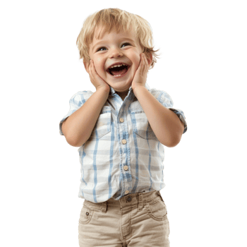 Pretty little boy laughing with excitement, head in hand, standing front view isolate on transparent background png
