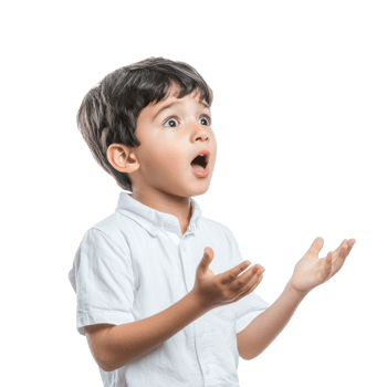 Shocked facial expression little boy student with hand open, standing side view isolate on transparent background png
