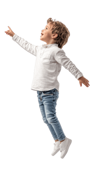 Excited little boy student floating in air with hand pointing at right side copyspace, Full length, side view isolate on transparent background png