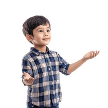 Young little boy student hand present something at copy space, standing isolate on transparent background png