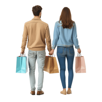 Back view of young couple holding shopping bags, full length isolate on transparent background png