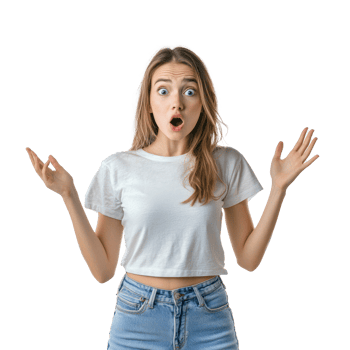 Shocked facial expression young woman with hand open, standing front view isolate on transparent background png