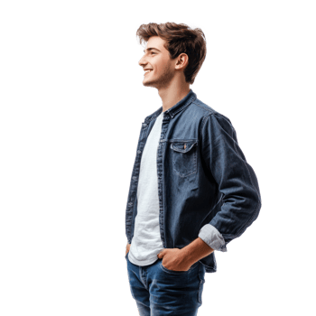 Smiling young man standing with hands in pockets, standing side view isolate on transparent background png