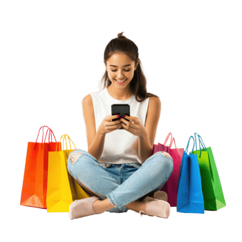 Happy girl sit using smartphone surrounded by colorful shopping bags isolate on transparent background png
