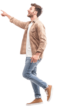 Excited young man floating in air with hand pointing at right side copyspace, Full length, side view isolate on transparent background png
