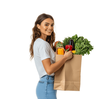 Smiling Woman holding Groceries shopping bag side view isolate on transparent background png