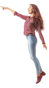 Excited young woman floating in air with hand pointing to copyspace, Full length, side view isolate on transparent background png