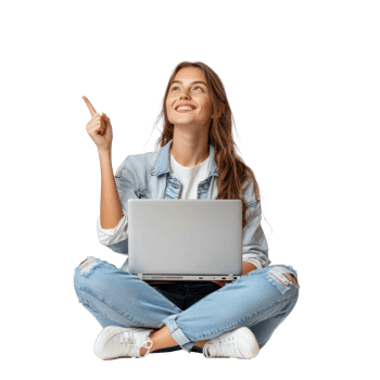 Happy young woman sitting cross-legged with a laptop in the air, hand pointing at right empty space side view isolate on transparent background png