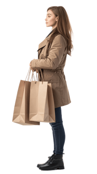 Pretty young woman posing with shopping bags, Full length, side view isolate on transparent background png