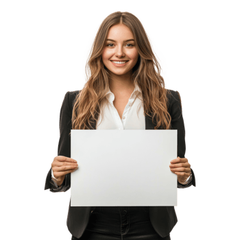 Smiling young businesswoman hold and show white advertising board, standing front view isolate on transparent background png