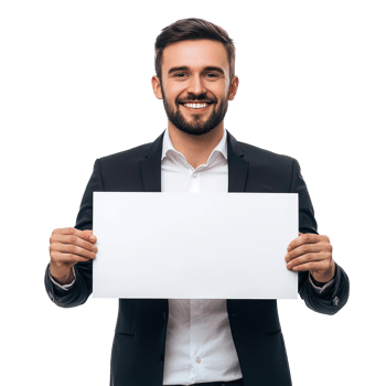 Smiling young businessman hold and show white advertising board, standing isolate on transparent background png